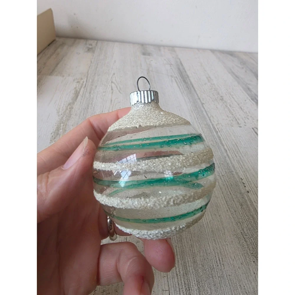 Vintage shiny Brite unsilvered striped Mica green ornament glass Xmas tree